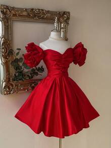 Lovelzi Váy chữ A rộng tay cánh hoa hở vai màu đỏ rượu vang thanh lịch & quý phái, thích hợp cho đám cưới, tiệc tùng, kỳ nghỉ, lễ tốt nghiệp, vũ hội trang trọng, váy dự tiệc cưới, váy dự tiệc cocktail - Màu Đỏ Sâu - Xem 5