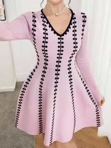 Modelyn Damen elegantes V-Ausschnitt Langarm Schleifenmuster Strickkleid, Herbst - Pink - Übersicht 3