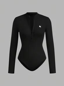 SHEIN EZwear 2件套黑色和深灰色女式小马印花拉链高领紧身连体衣套装 - 彩色 - 查看 11