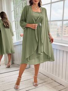 Ellevyn Plus Size Women's Solid Color 3/4 Sleeve Open Front Jacket And Rhinestone Decor Pleated Thick Strap Dress Elegant Set - Olive Green - View 13
