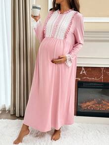 Slowluna Vestido de maternidad casual de manga larga con aplicaciones de encaje y adornos florales - Rosa - Ver 5
