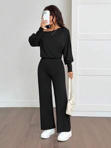 SHEIN PETITE Women's Solid Color Asymmetric Collar Casual Jumpsuit, Suitable For Petite,Fall Clothes For Women,Chic Women's Jumpsui,Elegant,Civil Wedding,Wedding Guest , Party,Home, Leisure, Comfort Upgrade,Sporty, Multifunctional - Black - View 7