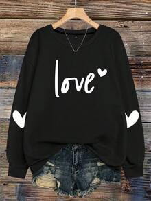 EMERY ROSE Plus Size Women's Love Letter Heart-Shaped Pattern Printed Round Neck Sweatshirts - Black - View 3