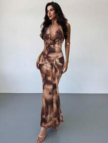 Firerie 女士优雅棕色扎染领连衣裙随机印花垂坠领连衣裙可爱优雅休闲性感外出秋季太妃糖，舞会礼服婚礼派对婚礼宾客礼服婚礼宾客礼服女士长款派对礼服感恩节新年礼服成人仪式返校派对优雅旅行/优雅派对礼服/优雅女式衬衫/优雅晚礼服万圣节通勤、派对、度假、老钱风格、购物、宴会、优雅、派对、约会、休闲 - 棕色 - 查看 5