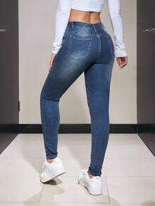 SHEIN PETITE 女式休闲水洗修身牛仔裤 - 中等水洗藍 - 查看 2