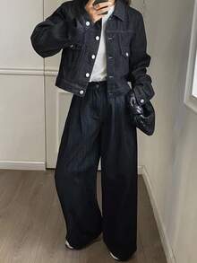 DAZY Women's Denim Jacket With Collar And Loose Pants 2 Pieces Casual Street Wear Denim Set