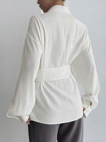 DAZY Women's Half-Placket Side Tie Pullover Casual Elegant Shirt Long Sleeve Top - White - View 3