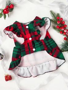 PETSIN 1pc Christmas Pet Red & Green Plaid Puff Sleeve Dress - Multicolor - View 10