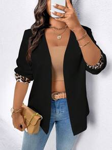 EMERY ROSE Plus Size Women Casual Long Sleeve Blazer Jacket With Leopard Print Patchwork - Black - View 4