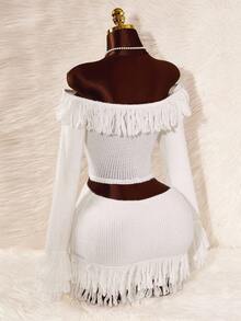 Amplova 女式纯色露肩长袖上衣和迷你裙两件套 - 杏色 - 查看 8