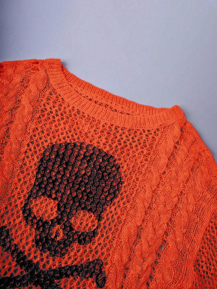 Franclia Women's Casual Chic Skull Print Crew Neck Sweater - Orange - View 6
