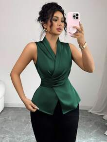 Elenzga 女士优雅领口无袖衬衫，配腰带，适合通勤、办公室、休闲、下午茶、派对 - 墨綠色 - 查看 5