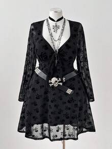 Sunspun Plus Size Dresses Fashionable Autumn Style Plus Size Punk Skull Print Chest Cup Short Dress