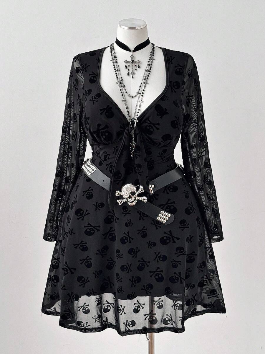 Sunspun Plus Size Dresses Fashionable Autumn Style Plus Size Punk Skull Print Chest Cup Short Dress