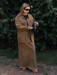 DAZY Western Cowgirl Distressed Washed Loose Long Sleeve Collared Shacket, Straight Skirt Casual Street Style Set For Women, Autumn/Winter - Coffee Brown - View 7