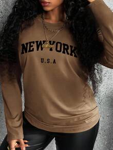 INAWLY 女士休闲印花字母圆领长袖 T 恤，秋季图案 T 恤女士春季上衣 - 棕色 - 查看 3