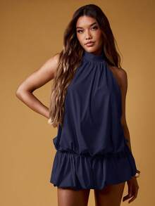 MISSGUIDED Vestido corto elegante sin espalda con cuello halter, volantes y dobladillo abullonado para fiestas de verano y eventos - Azul Marino - Ver 4