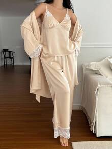 DAZY Charming Satin & Contrast Lace Women Pajama Set, Fall Clothes - Apricot - View 5