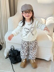 DAZY 2 件套女婴圆领蝴蝶结装饰韩版卫衣和豹纹印花套装秋冬 - 杏色 - 查看 3