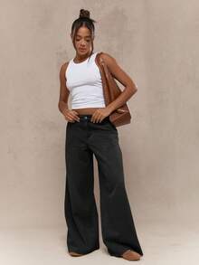 MISSGUIDED Quần denim ống rộng cạp cao cắt Palazzo phong cách retro Y2K thời trang quần jeans rộng thùng thình thoải mái mặc thường ngày mùa thu đông - màu đen - Xem 4