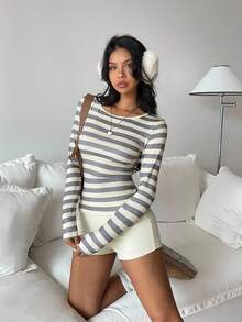 SHEIN EZwear 2pcs Casual Striped Long Sleeve Top And Shorts Set - Multicolor - View 7