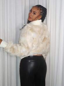 Y2K Amplova White Women Versatile High Collar, Long Sleeves, Slim Waist, Asymmetrical Long Hair Zip Up Fake Fur Coat Y2k Faux Fur Coat Faux Fur Jacket Y2k Jacket, Suitable For School And Daily Use In Fall/Winter - Beige - View 4