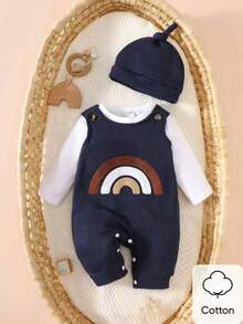 SHEIN Newborn Male Baby White Long Sleeved Shirt Paired With Navy Blue Sleeveless Rainbow Embroidered Jumpsuit And Hat, Autumn New Fabric Comfortable And Innovative Style Fall Winter - Multicolor - View 2