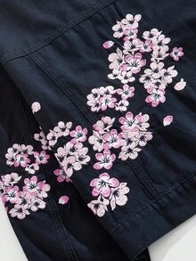 ROMWE MEN Casual 男士时尚花卉刺绣领拉链牛仔夹克 - 黑色 - 查看 5