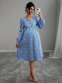 SHEIN 孕妇圆领提花面料纽扣前长袖连衣裙，春秋 - 藍色 - 查看 8