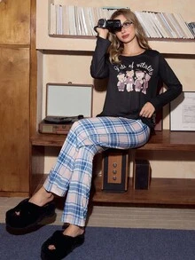 SweetSlumber Young Casual Plaid Bear Cartoon Pattern Women Pajama Set, Fall Clothes - Multicolor - View 6