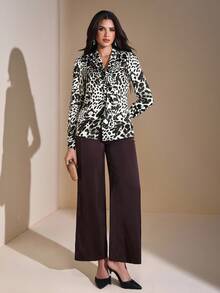 JIAN LASALA 豹纹披肩领系带长袖缎面女式衬衫，秋季优雅穿搭，猎豹纹印花，适合女士外出、派对、冬季婚礼宾客等场合，尽显奢华时尚。 - 彩色 - 查看 7