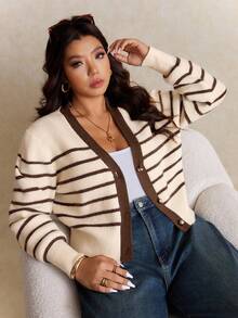 Elaquor Plus Size Women Striped Long Sleeve Casual Knit Cardigan, Autumn/Winter - Brown - View 5