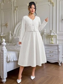 Roveilla Plus Size Women Tweed Vest Dress & Jacket 2 Pieces Set - White - View 6