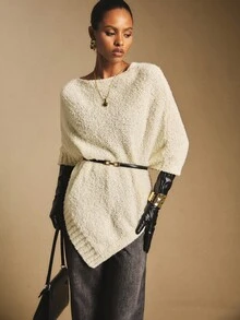 Poéselle Solid Color Casual Loose Asymmetric Hem Women Sweater In Fall/Winter,Cozy Fall And Winter Clothes For Women - Apricot - View 2