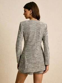 Poéselle 女士格纹鸡心领单排扣长袖夹克和短裤优雅两件套，秋季 - 灰色 - 查看 4