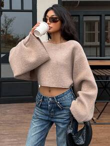 Lumivelle 2025 New Fashion Loose Casual Minimalist One-Piece Design Knitted Cover Up Sweater Crop Sweater - Camel - View 4