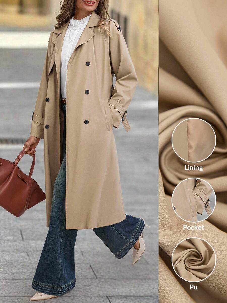 Solivie 女士优雅法式 PU 皮革长款风衣，通勤百搭，秋季 - 卡其色 - 查看 1