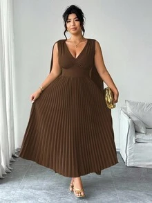 Elenzga 加大码 V 领拼接雪纺蝙蝠袖仿腰褶皱 A 字下摆休闲优雅连衣裙，适合外出、聚会、度假 - 棕色 - 查看 7