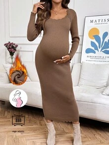 SHEIN 孕妇纯色拱形下摆圆领长袖修身优雅针织连衣裙 - 駝色 - 查看 1