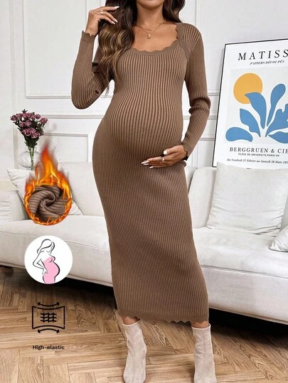 SHEIN 孕妇纯色拱形下摆圆领长袖修身优雅针织连衣裙