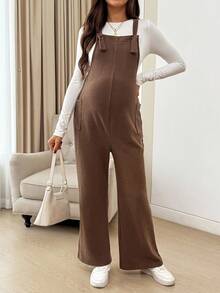 SHEIN Maternity Solid Color Pocket Design Wide Leg Casual Jumpsuit - Brown - View 6