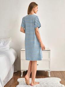 EURMUSE 棉质女士圆领彩色条纹心形印花短袖睡衣裙 - 藍色 - 查看 2