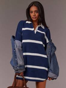 Athîral 女士休闲宽松条纹 Polo 领落肩长袖针织毛衣连衣裙，秋季 - 彩色 - 查看 2