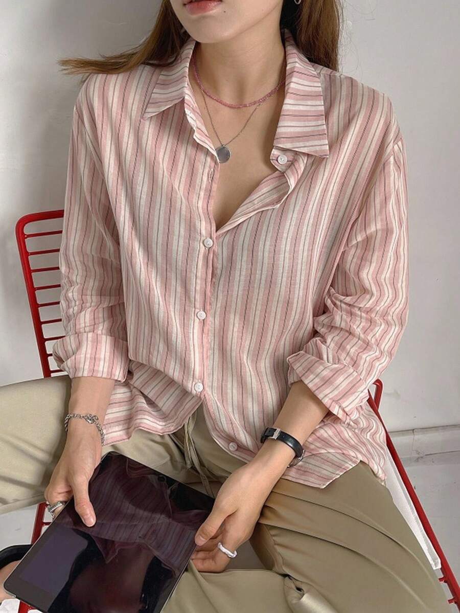 DAZY 女式宽松常规条纹领衬衫，春夏秋季上衣长袖上衣 - 粉色 - 查看 1