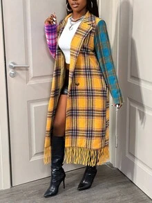 BamGleam 女士休闲长款格子流苏羊毛翻领大衣，秋冬 - 彩色 - 查看 5