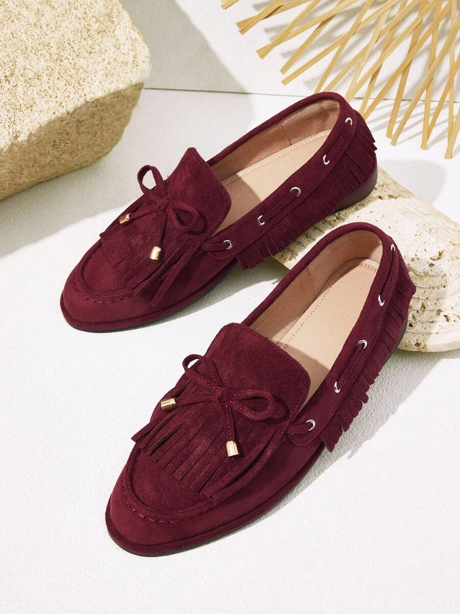 Styleloop Burgundy Bowknot Decor Casual Slip-On Flats, Versatile For Commuting, Suitable For Halloween, Christmas, Autumn - Burgundy - View 1
