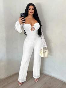 SHEIN SXY 1pc White Sexy Lace Long Sleeve Hollow-Out Jumpsuit,Elegant,Lace,Wedding Guest ,Elegant Dresses For Party,Sexy, Fall Clothes For Women ,White,Going Out,Prom,Chic,New Year - White - View 5