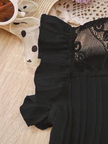 Áo sơ mi ren vá viền bèo nhún màu trơn đơn giản cho bé gái tuổi teen - màu đen - Xem 10