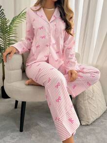 SweetSlumber Bow Tie & Striped Print Long Sleeve Pajama Set, Fall Clothes  Cozy And Elegant Details
