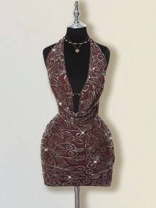 SHEIN ICON Women's Brown Homecoming Birthday Glitter Party Draped Neck Sequin Backless Dress